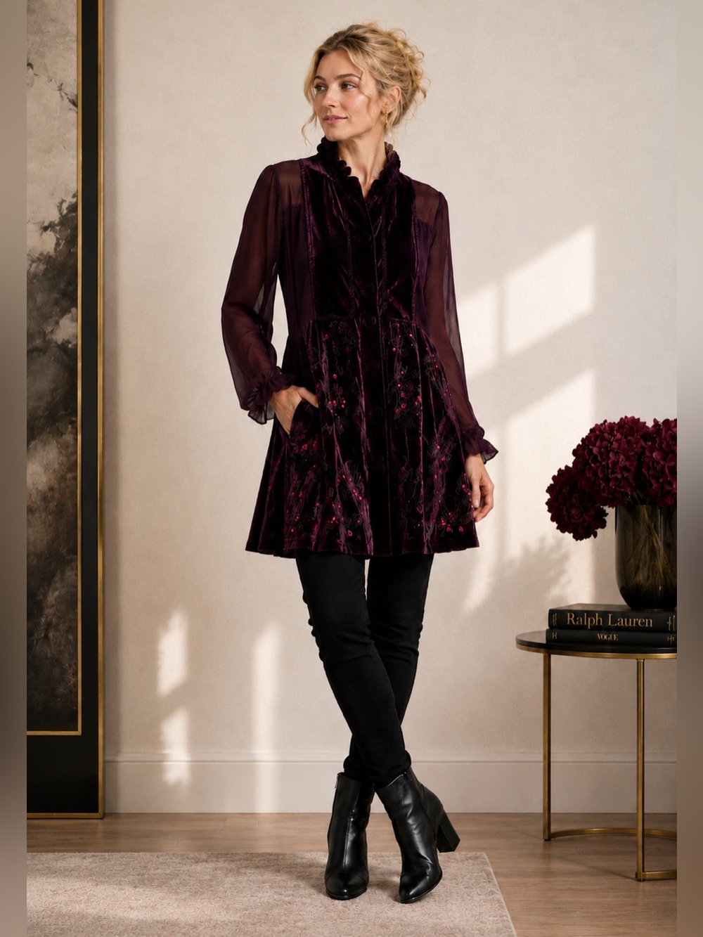 NWOT Vintage Nataya Plum burgundy Velvet & Chiffon Tunic Jacket Small